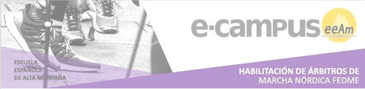 Descripción del Banner de portada: A la izquierda: zapatilla deportiva y punta de bastones de marcha nórdica. A la derecha superior E-campus de la EEAM y debajo dentro de un triángulo morado el nombre del curso.