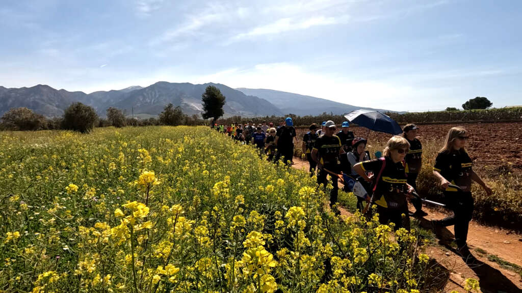 Foto. Niguelas-Padul, sección Ruta Mamut . 30 de abril. Granada Fotografía que ilustra el paso de los senderistas en el entorno de la laguna de Padul, destacándose en primer plano una senderista en silla Joelette