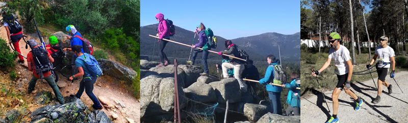 En la imagen tres momentos en los que se practica montañismo inclusivo y adaptado. A la izquierda una silla joelette con la persona piloto y las guías. En el centro superando un terreno muy rocoso con la barra direccional, y a la derecha dos hombres practicando nwblind.
