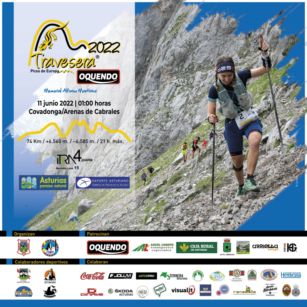 Descripción de la imagen: Corredores por montaña atravesando una ladera escarpada, el cartel muestra datos sobre la dificultad de la prueba, desnivel y distancia. así como los logotipos de los organizadores y patrocinadores.
