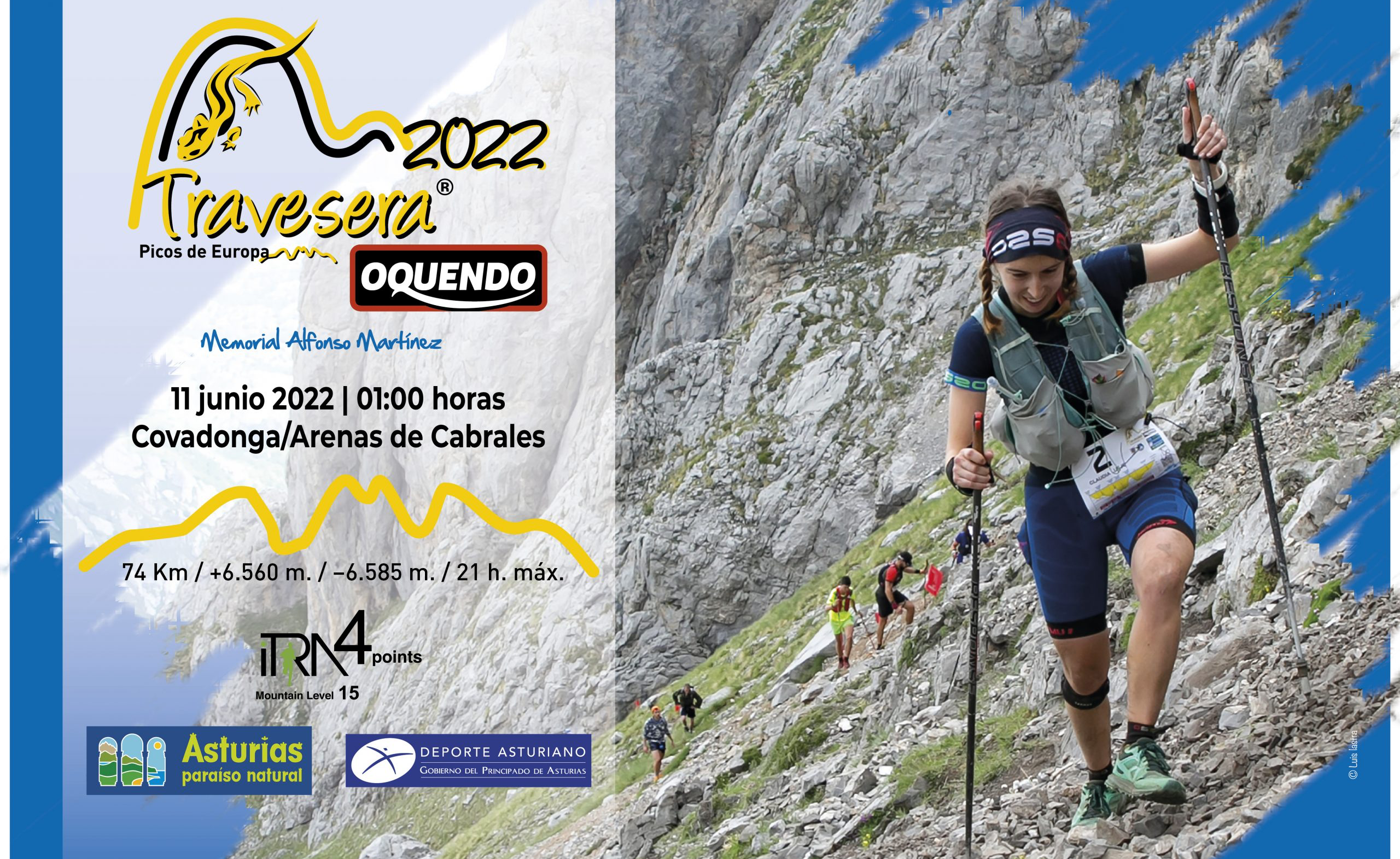 Descripción de la imagen de portada: Corredores por montaña atravesando una ladera escarpada, el cartel muestra datos sobre la dificultad de la prueba, desnivel y distancia.