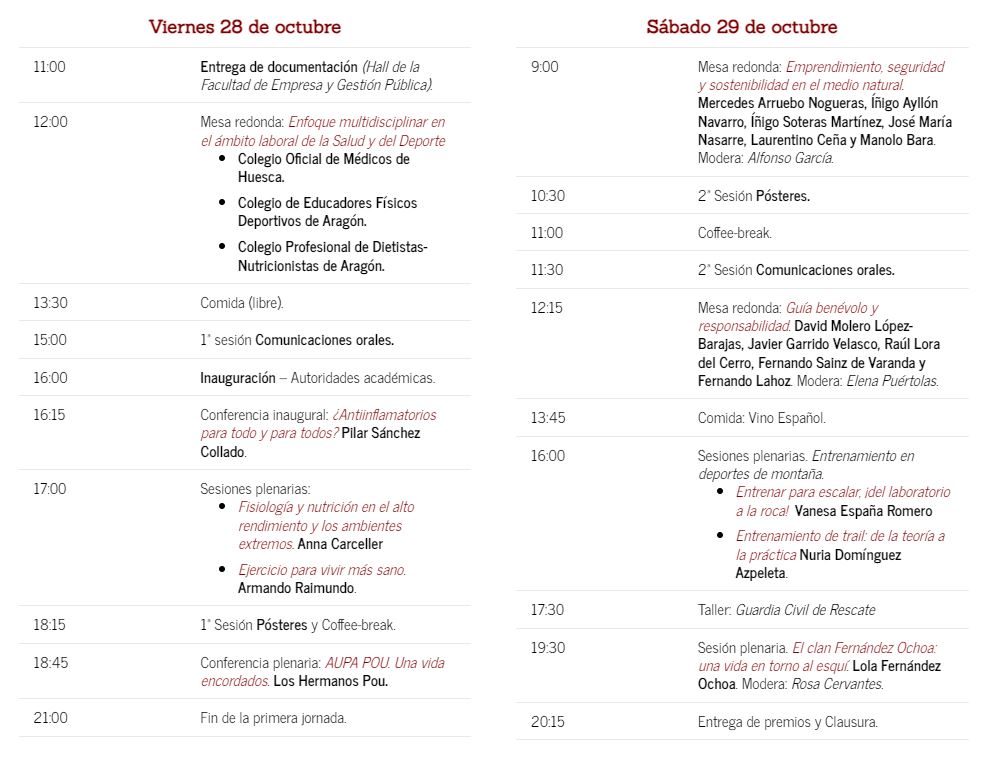 Programa del Congreso: Viernes 28 de octubre. 11:00 Entrega de documentación /Hall de la Facultad de Empresa y Gestión Pública). 12:00 Mesa Redonda: Enfoque multidisciplinar en el ámbito laboral de la Salud y del Deporte. Colegio Oficial de Médicos de Huesca. Colegio de Educadores Físicos Deportivos de Aragón. Colegio Profesional de Dietistas-Nutricionistas de Aragón. 13:30 Comida (libre). 15:00 1ª sesión Comunicaciones orales. 16:00 Inauguración – Autoridades académicas. 16:15 Conferencia inaugural: ¿Antiinflamtorios para todo y para todos) Pilar Sánchez Collado. 17:00 Sesiones plenarias: Fisiología y nutrición en el alto rendimiento y los ambientes extremos. Anna Carceller. Ejercicio para vivir más sano. Armando Raimundo. 18:15 1ª Sesión Pósteres y Coffee-break. 18:45 Conferencia plenaria: AUPA POU. Una vida encordados. Los Hermanos Pou. 21:00 Fin de la primera jornada. Sábado 29 de octubre. 9:00 Mesa redonda: Emprendimiento, seguridad y sostenibilidad en el medio natural. Mercedes Arruebo Nogueras, Íñigo Ayllón Navarro, Íñigo Soteras Martínez, José María Nasarre, Laurentino Ceña y Manolo Bara. Modera: Alfonso García. 10:30 2ª Sesión Pósteres. 11:00 Coffee-break. 11:30 2ª Sesión Comunicaciones orales. 12:15 Mesa redonda: Guía benévolo y responsabilidad. David Molero López-Barajas, Javier Garrido Velasco, Raúl Lora del Cerro, Fernando Sainz de Varanda y Fernando Lahoz. Modera: Elena Puértolas. 13:45 Comida: Vino Español. 16:00 Sesiones plenarias. Entrenamiento en deportes de montaña. Entrenar para escalar, ¡del laboratorio a la roca! Vanesa España Romero. Entrenamiento de Trail: de la teoría a la práctica. Nuria Domínguez Azpeleta. 17:30 Taller: Guardia Civil de Rescate. 19:30 Sesión plenaria. El clan Fernández Ochoa: una vida en torno al esquí. Lola Fernández Ochoa. Modera: Rosa Cervantes. 20:15 Entrega de premios y Clausura