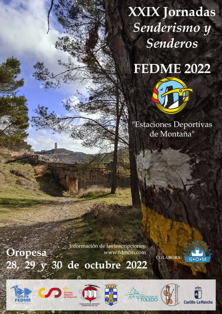 Descripción Foto de portada: Cartel, a todo color, de las XXIX Jornadas de Senderismo y Senderos. Presenta una foto donde aparece, en primer plano, una marca de PR® sobre el tronco de un pino, junto a una barranquera; como fondo aparece un puente sobre la misma y detrás de todo se visualiza una torre sobre un cerro. Sobreimpreso aparece la leyenda que describe el evento, las fechas, la referencia para inscripciones y los logos.