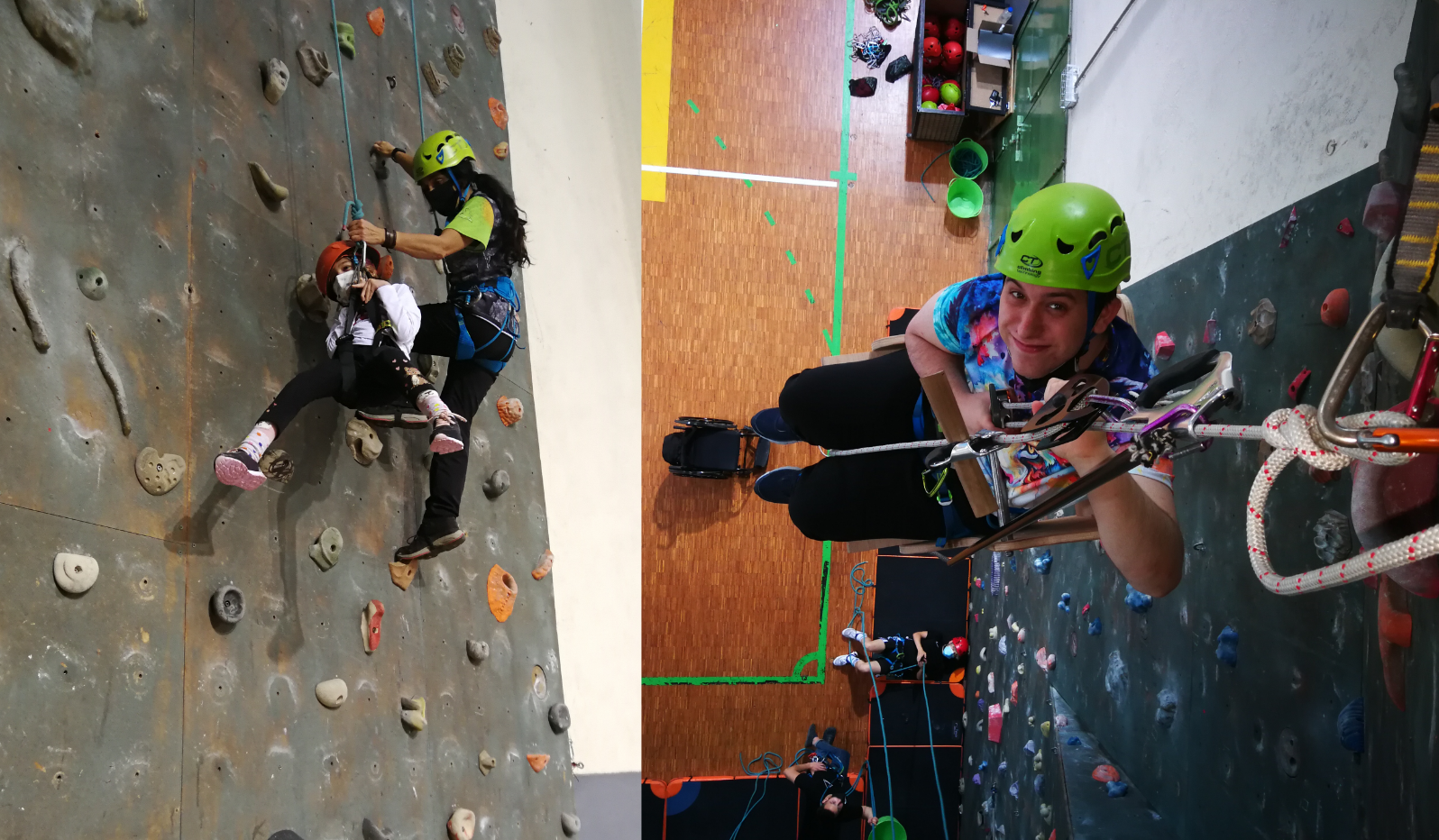 Montaje con dos fotos. A la derecha Piluca, la monitora de escalada está colgada de una pared en un rocódromo mientras asiste a Arancha, una niña del programa «En la misma cuerda» está también colgada de una cuerda. En la foto de la izquierda, Víctor, un de los adultos del programa posa sonriente en una foto tomada desde arriba mientras está colgado en el rocódromo.