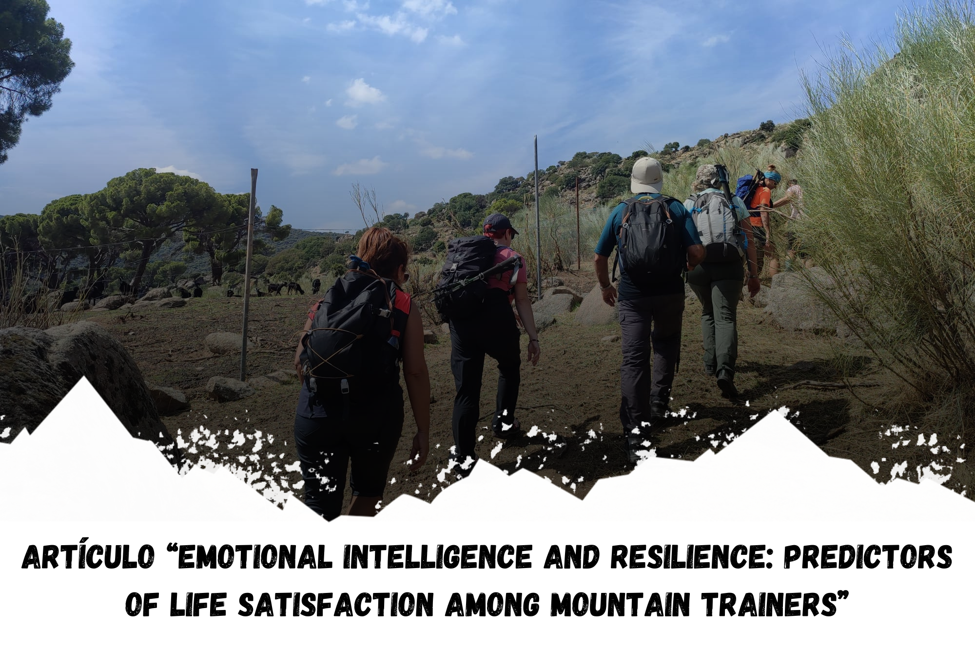 en la parte superior de la imagen aparece una foto donde hay un grupo de personas caminando de espaldas por un sendero de montaña en ascenso. La parte inferior de la foto queda tapada por el dibujo de una silueta de unas montañas de color blanco, sobre las cuales está escrito: Investigación “Emotional Intelligence and Resilience: Predictors of Life Satisfaction among Mountain Trainers”.