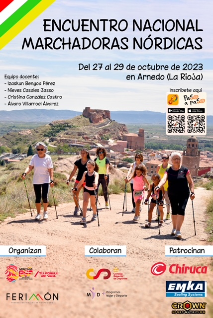 Cartel del encuentro nacional de marchadoras nordica en el que aparecen un grupo de mujeres haciendo marcha nordica. En texto Del 27 al 29 de octubre en Arnedo, La Rioja. Ponentes: Izaskun Bengoa Pérez, Nieves Casales Jasso, Cristina González de Castro y Álvaro Villarroel Álvarez