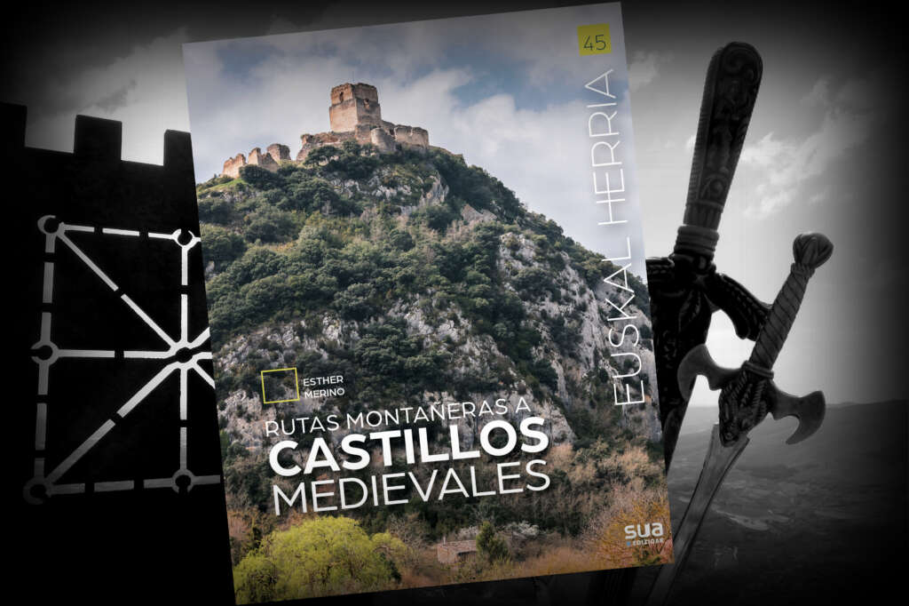 Portada del libro donde aparece un castillo en lo alto de un monte y se adorna con espadas de fondo para crear una atmósfera lejana y medieval.  