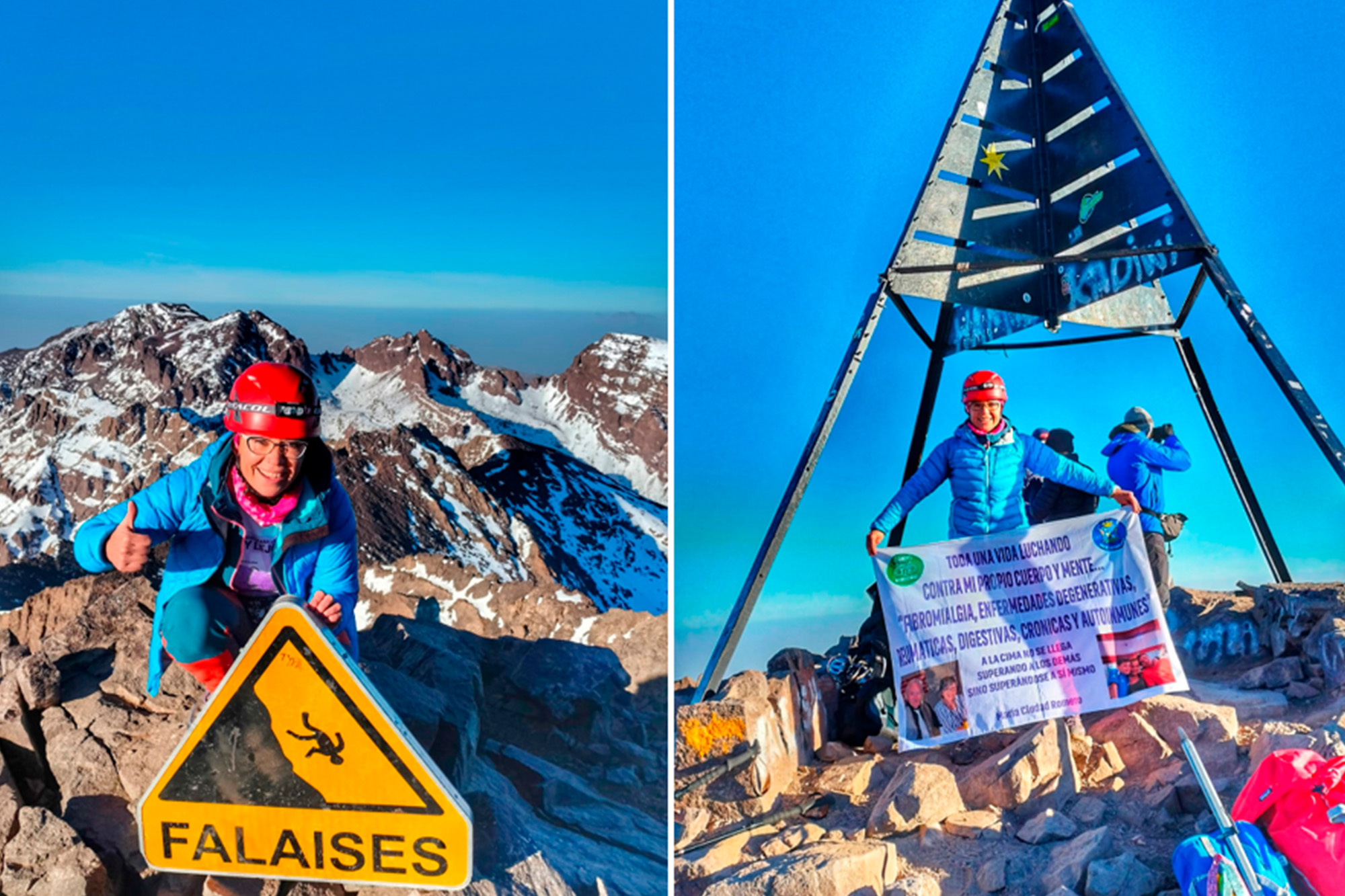 La foto es la cima del Toubkal a 4.168 metros de altura, la más alta de África del norte. Llevo en mis manos una bandera donde salen las fotos de mis hijos y mis padres, con unas frases donde pone …toda una vida luchando contra mi propio cuerpo y mente. Y otra donde dice que a la cima no se sube superando a los demás, sino superándose a uno mismo. Fibromialgia, enfermedades reumáticas, digestivas, degenerativas, autoinmunes y crónicas, con mi nombre María Ciudad Romero.