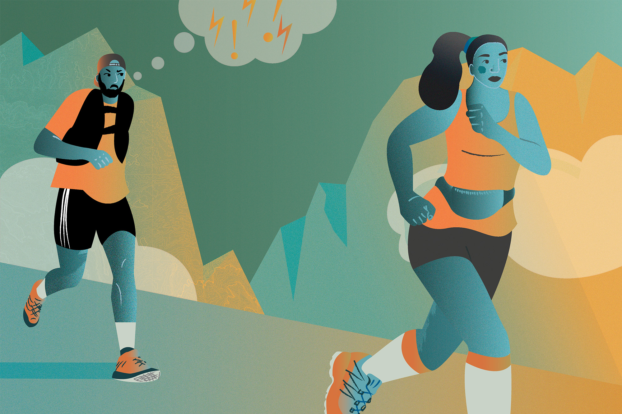 En la viñeta una corredora por montaña, con la equipación clásica de este deporte y con coleta, sobrepasa a un corredor. El hombre, a través del recurso de los cómics llamado "bocadillo", expresa cierto enfado mediante letras onomatopéyicas.