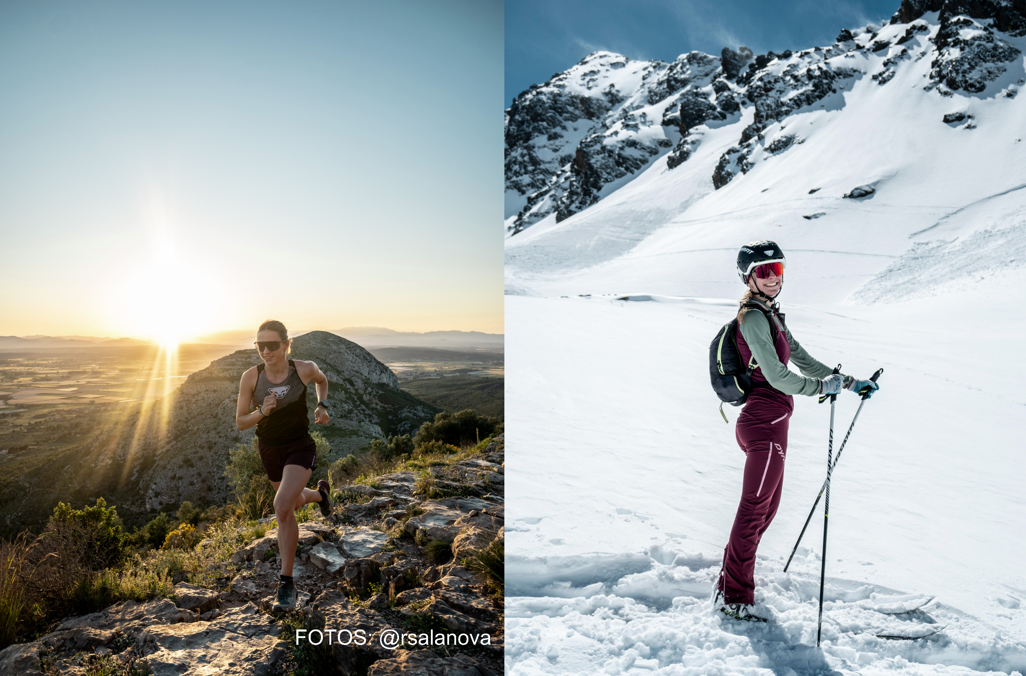 En la foto de la izquierda María aparece corriendo en pantalón conrto, camiseta de tirantes y con gafas de sol por un paisaje de montaña. En la foto de la derecha aparece con indumentaria de esquí gafas y casco sobre sus esquís y posando apoyada sobre sus bastones en un paisaje de montaña nevado.