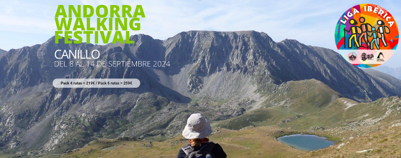 Foto en color que presenta un paisaje de montaña del Principado de Andorra. En primer plano y de espaldas aparece un senderista. Arriba, a la izquierda, aparecen las fechas y los packs de la actividad. A la derecha, el logo de la Liga de Senderismo de 2024.
