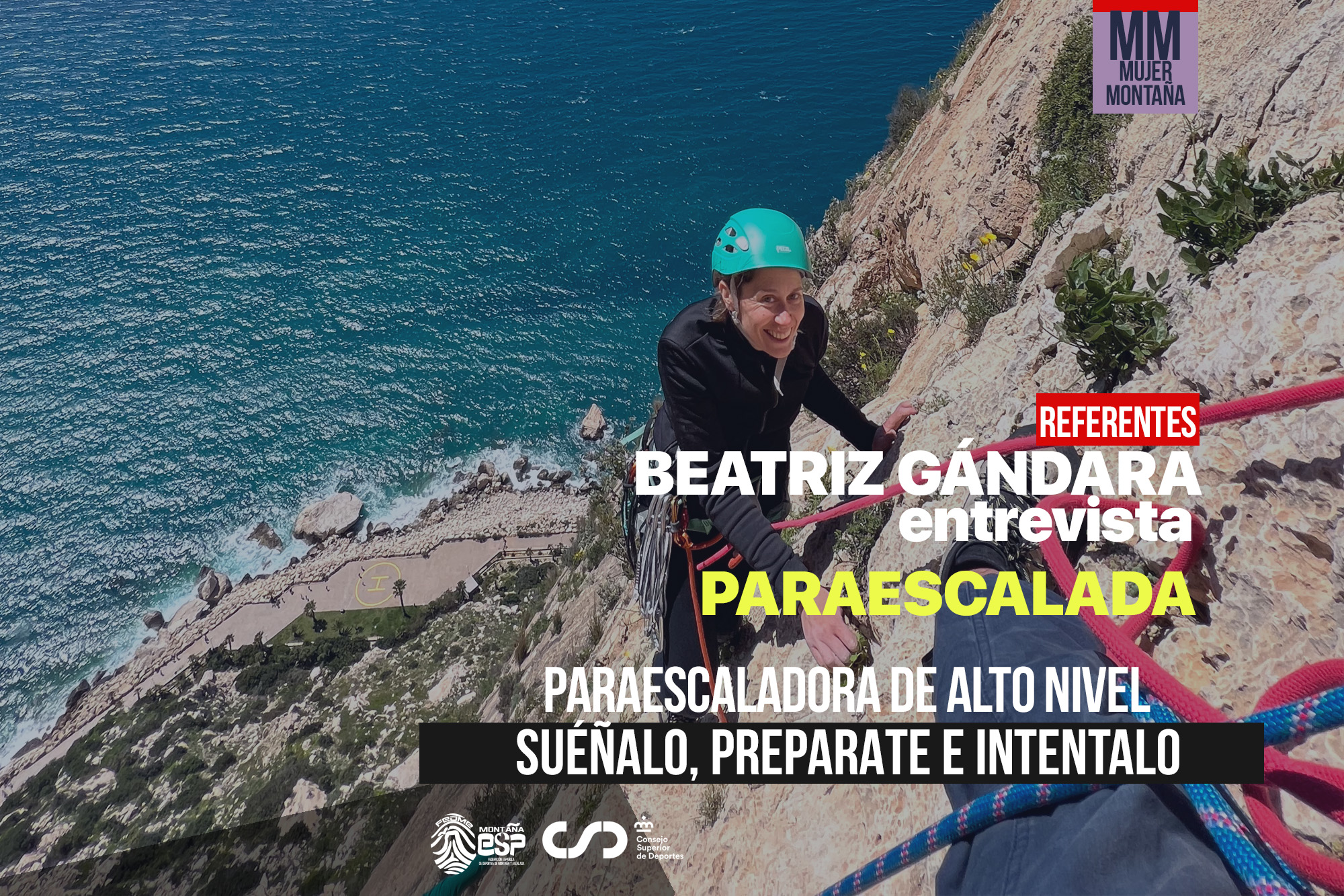 Foto de portada: Descripción foto 3: Beatriz se encuentra escalando en el Peñón de Ifach. La roca blanca resalta con el azul del mar del fondo