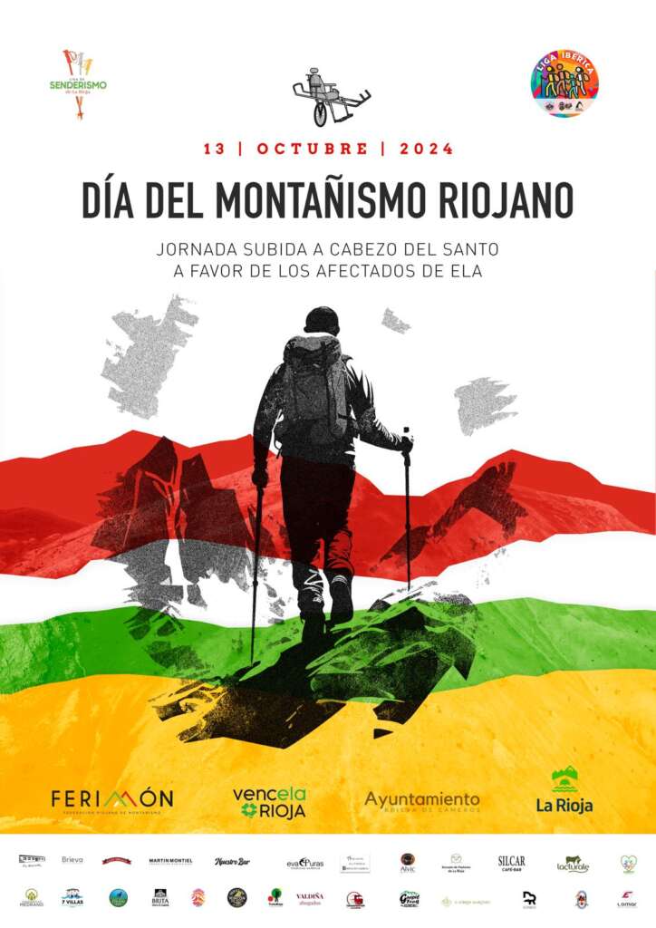 Cartel explicativo del Día del Montañismo Riojano, en el que aparece un montañero, de espaldas, caminando con dos bastones sobre impresionado en la bandera riojana con los colores rojo, blanco, verde y amarillo.